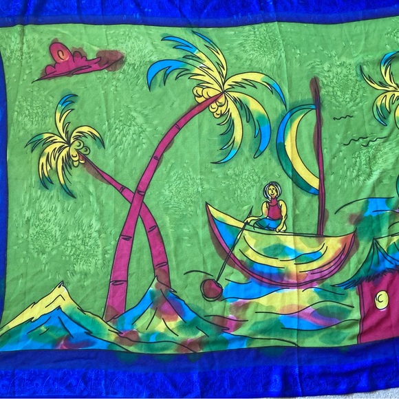 Beach Cover Up Sheer Sarong Nautical Design Multicolor Fish Palmtrees Beach Pool - Picture 2 of 7